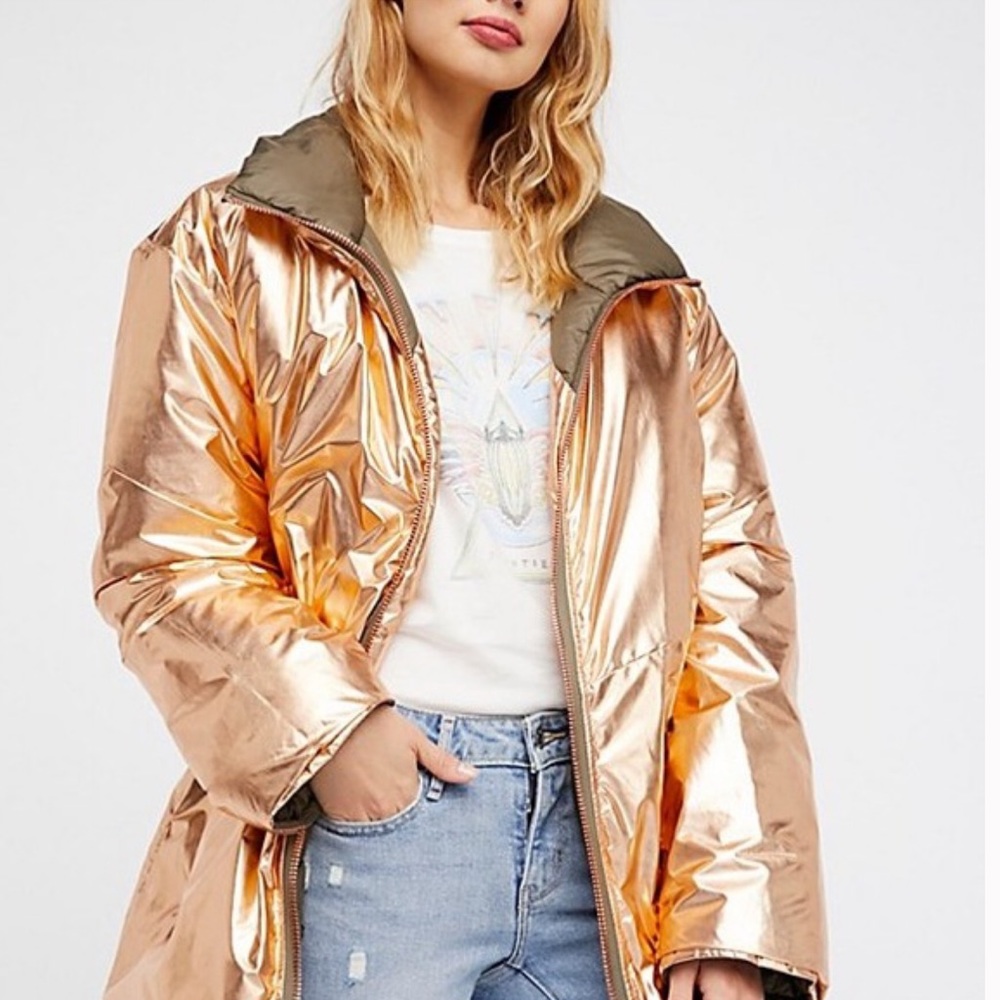 💔SOLD💔FREE PEOPLE Reversible Oversized Puffer Winter Coat Metallic Gold Green - Picture 5 of 12